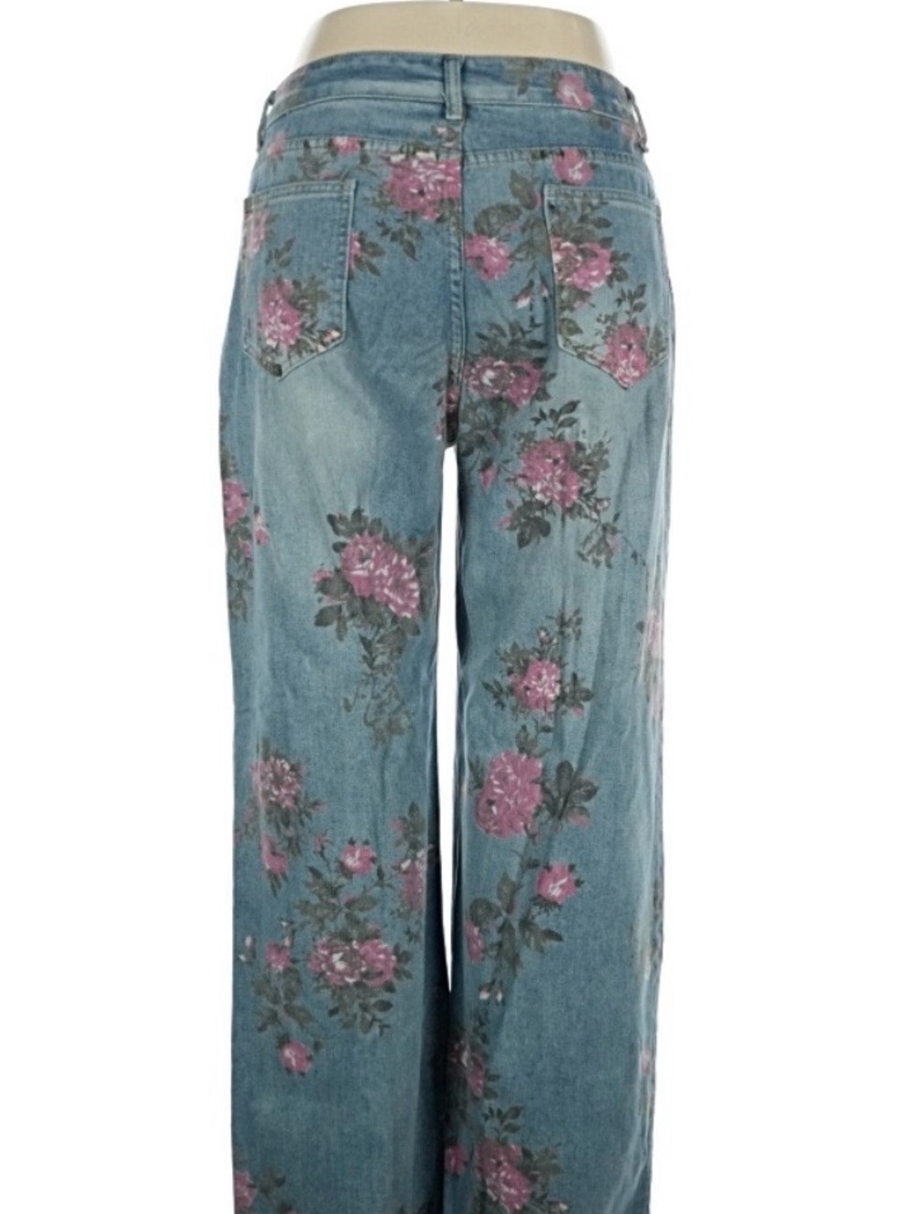 Women’s Floral Print Wide-Leg Jeans - Pink on Light Blue - Picture 2 of 3